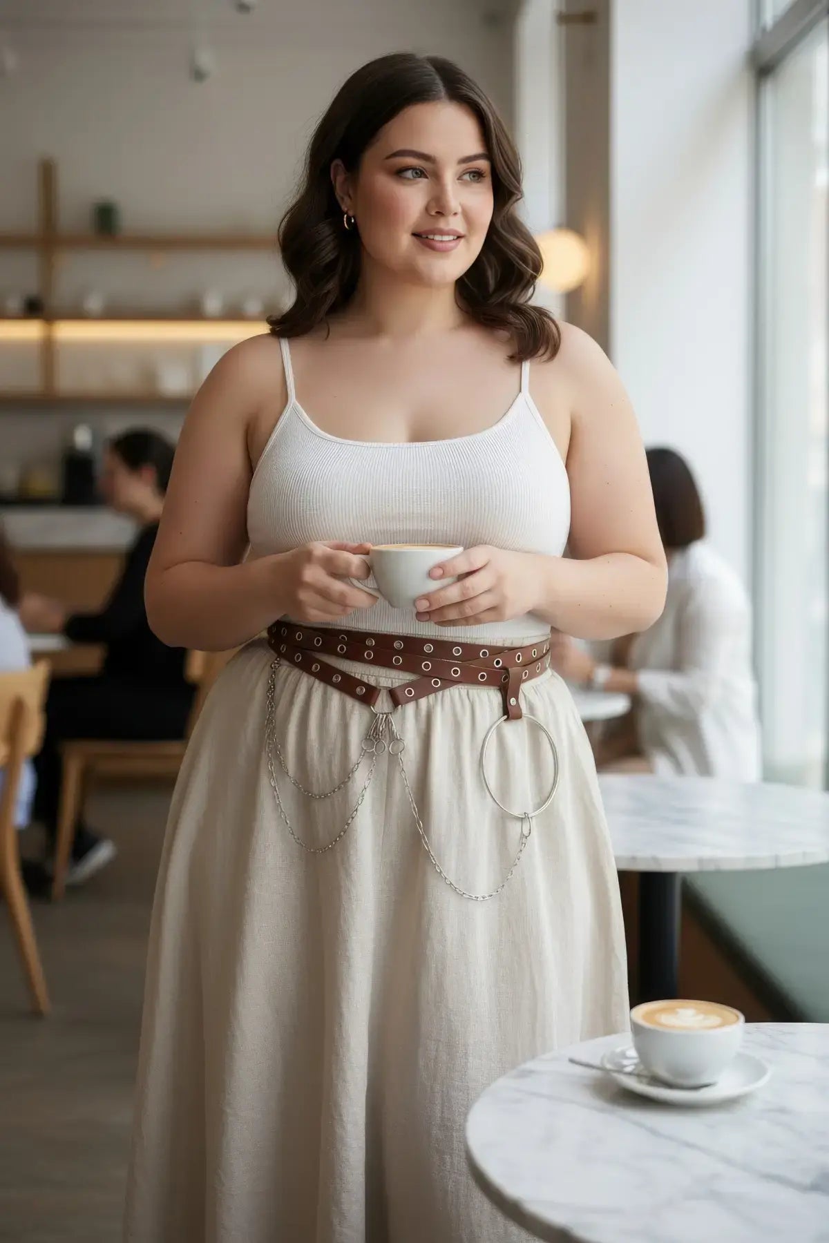 Plus size brown grommet belt with o-ring chain cluster worn over a white ribbed tank top; vegan leather.