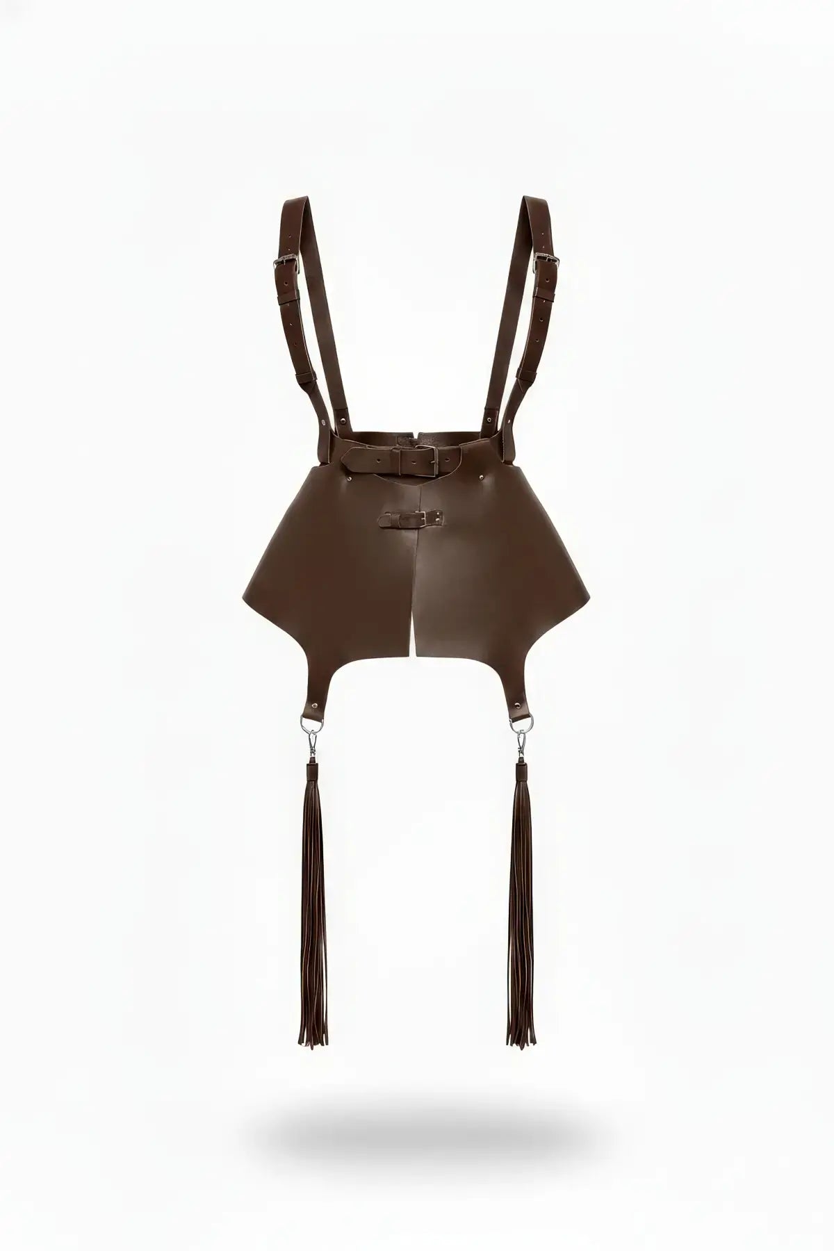 HarnessClub plus-size brown vegan leather shoulder-strap apron skirt with tassel drops