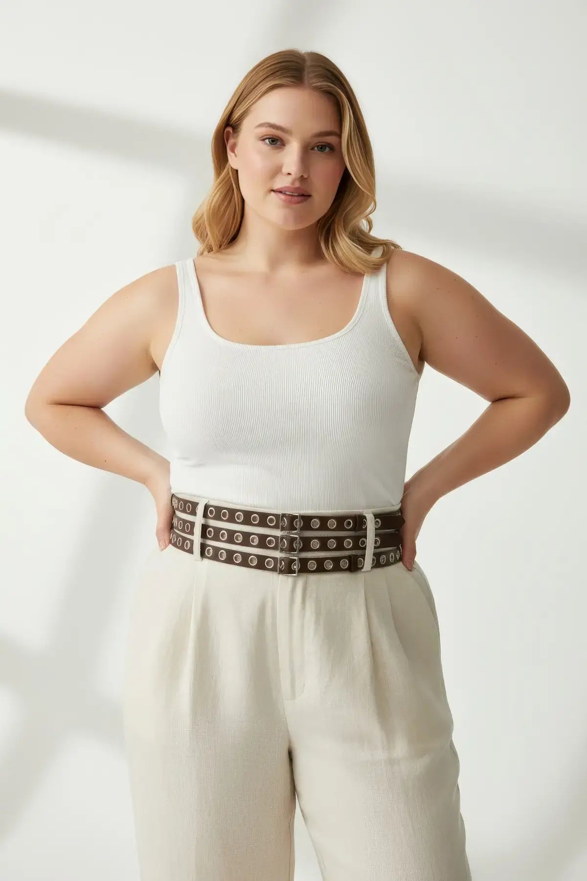Plus Size Brown Triple-Row Grommet Wide Belt with Multi-Buckle, vegan leather waist accessory