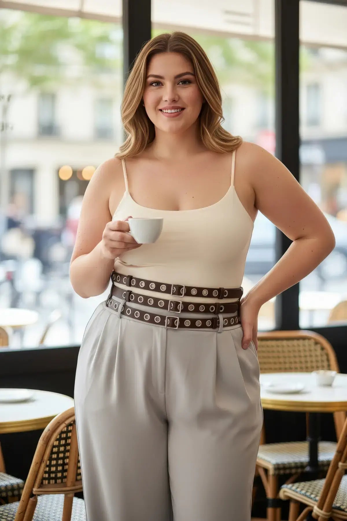 Plus-size brown triple-row grommet wide vegan leather belt with three buckles by HarnessClub