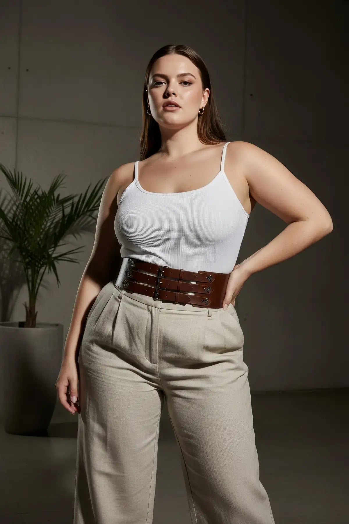 Plus Size Brown Leather Corset-Detail Wide Belt by HarnessClub
