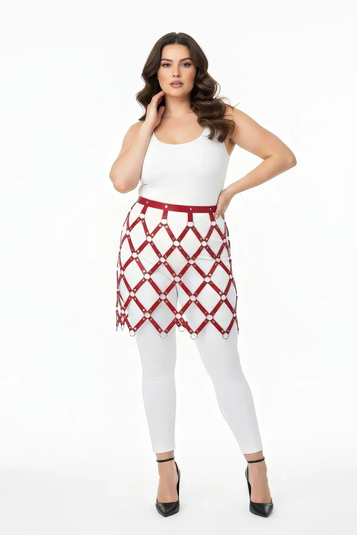 Plus Size Burgundy Diamond Mesh Cage Harness Skirt by HarnessClub, vegan leather body accessory.