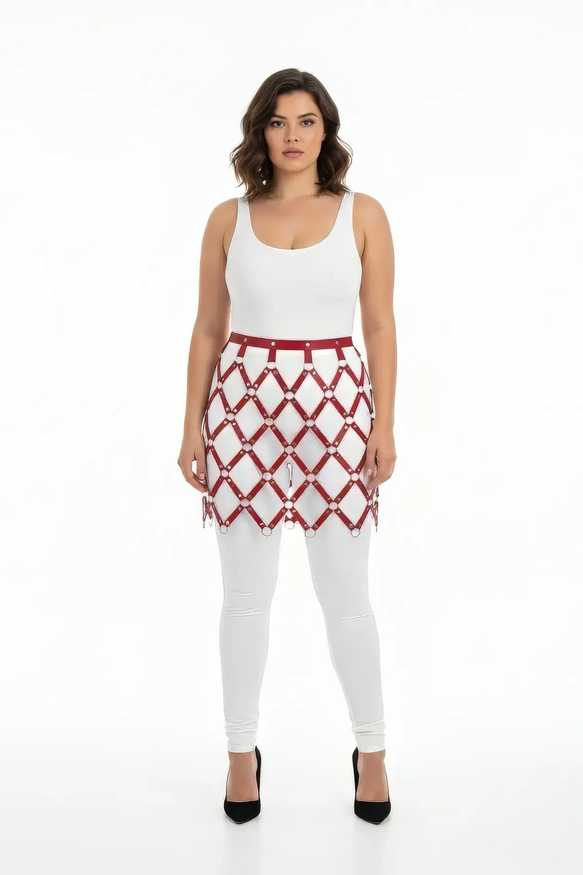 HarnessClub Plus Size Burgundy Diamond Mesh Cage Harness Skirt, vegan leather with metal ring detailing