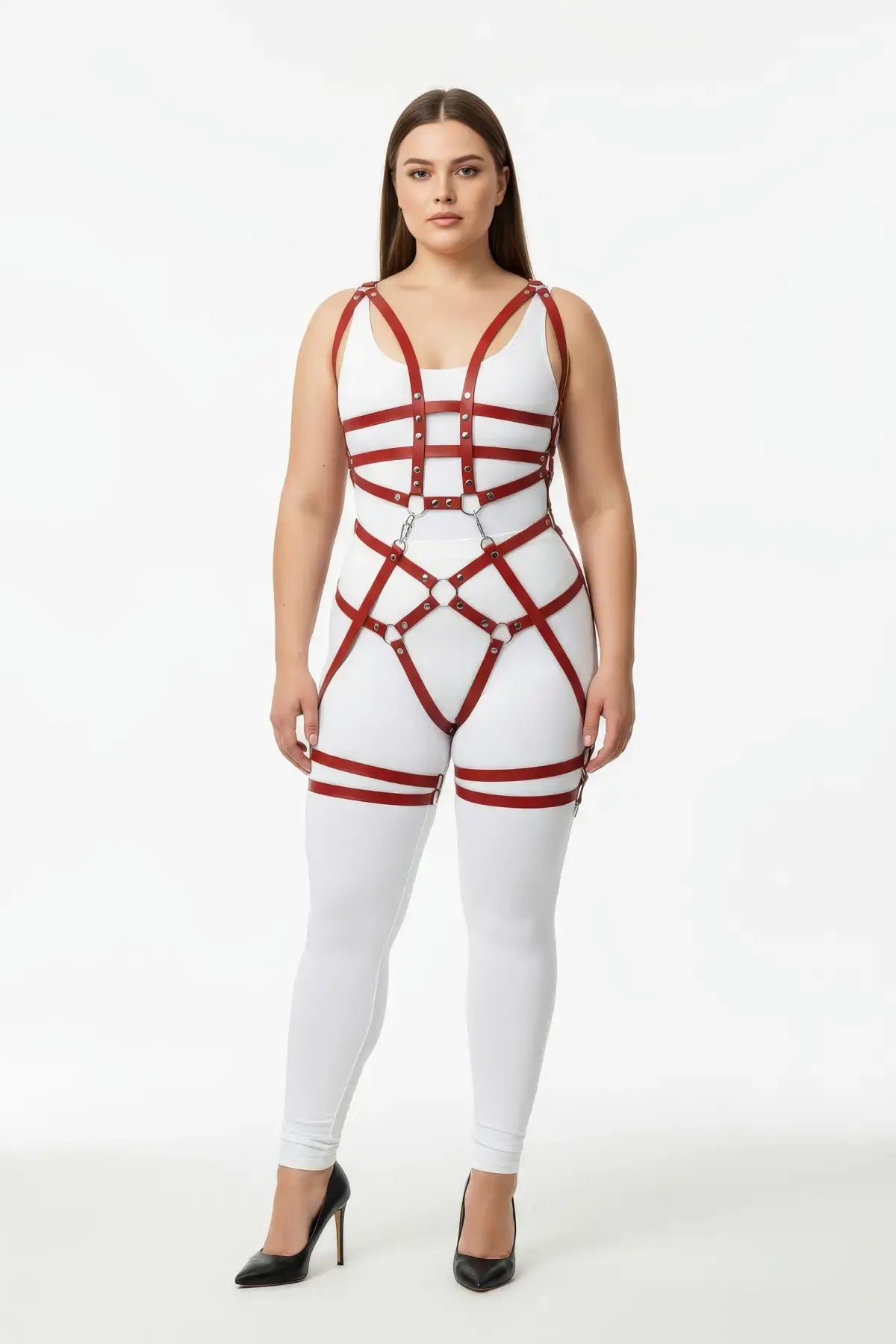 Plus Size Burgundy Grid-Band Full Body Harness Set by HarnessClub, vegan leather straps