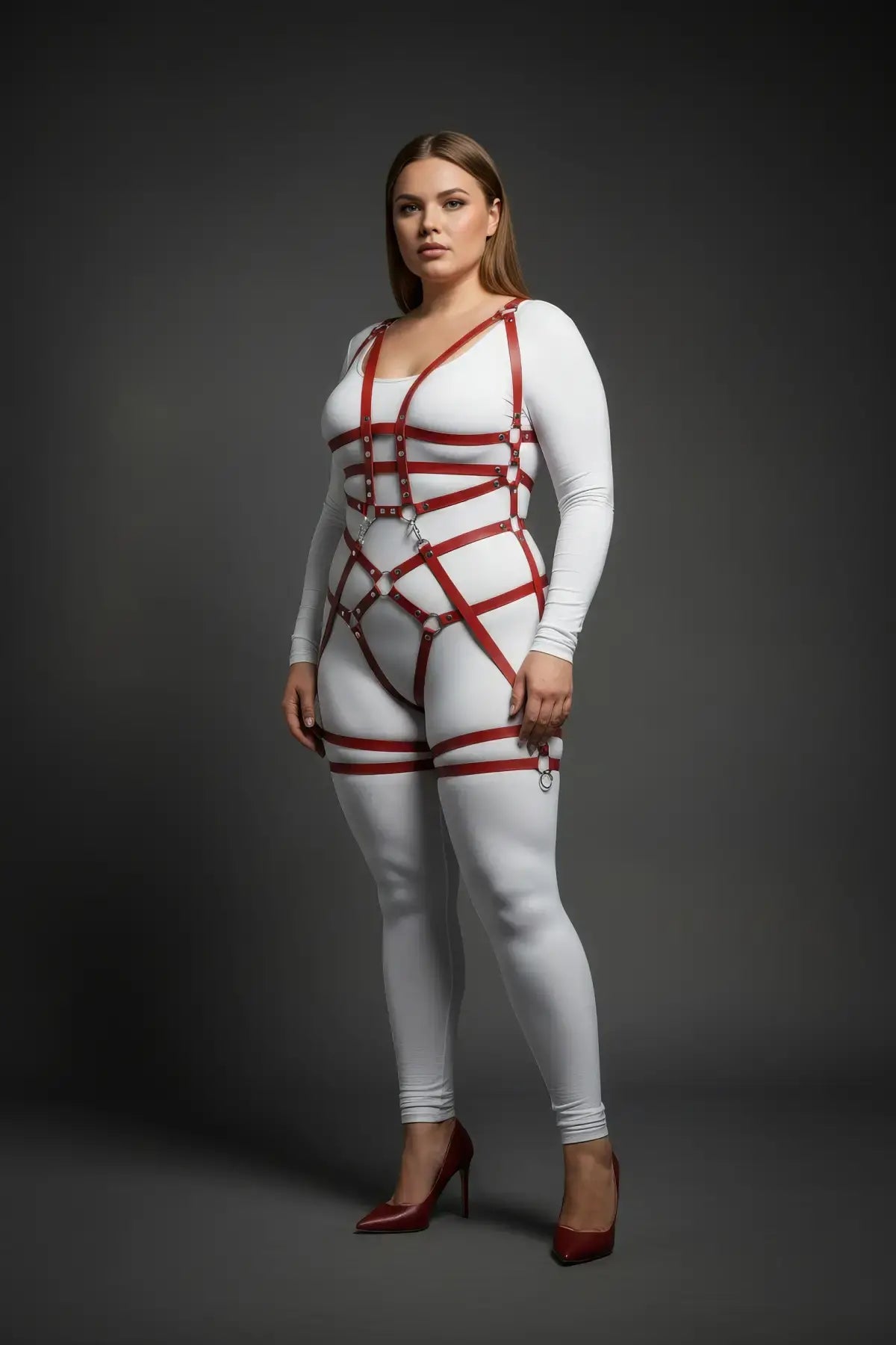 Plus-size burgundy grid-band full-body harness set worn over a white bodysuit; vegan leather straps