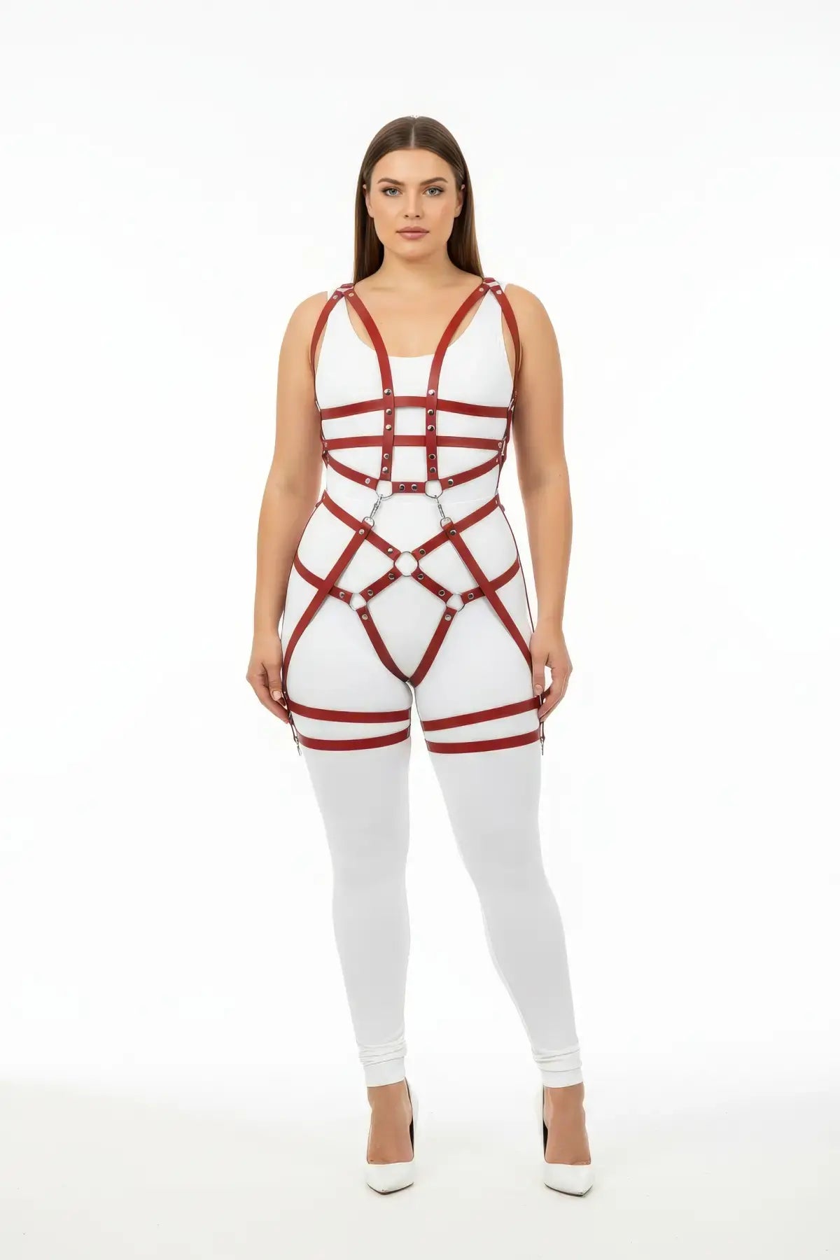 Plus-size burgundy grid-band full-body harness set by HarnessClub in vegan leather
