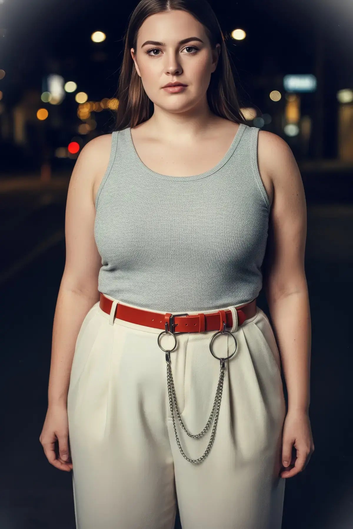 Plus-size burgundy vegan-leather belt with o-rings and chains, worn at the waist