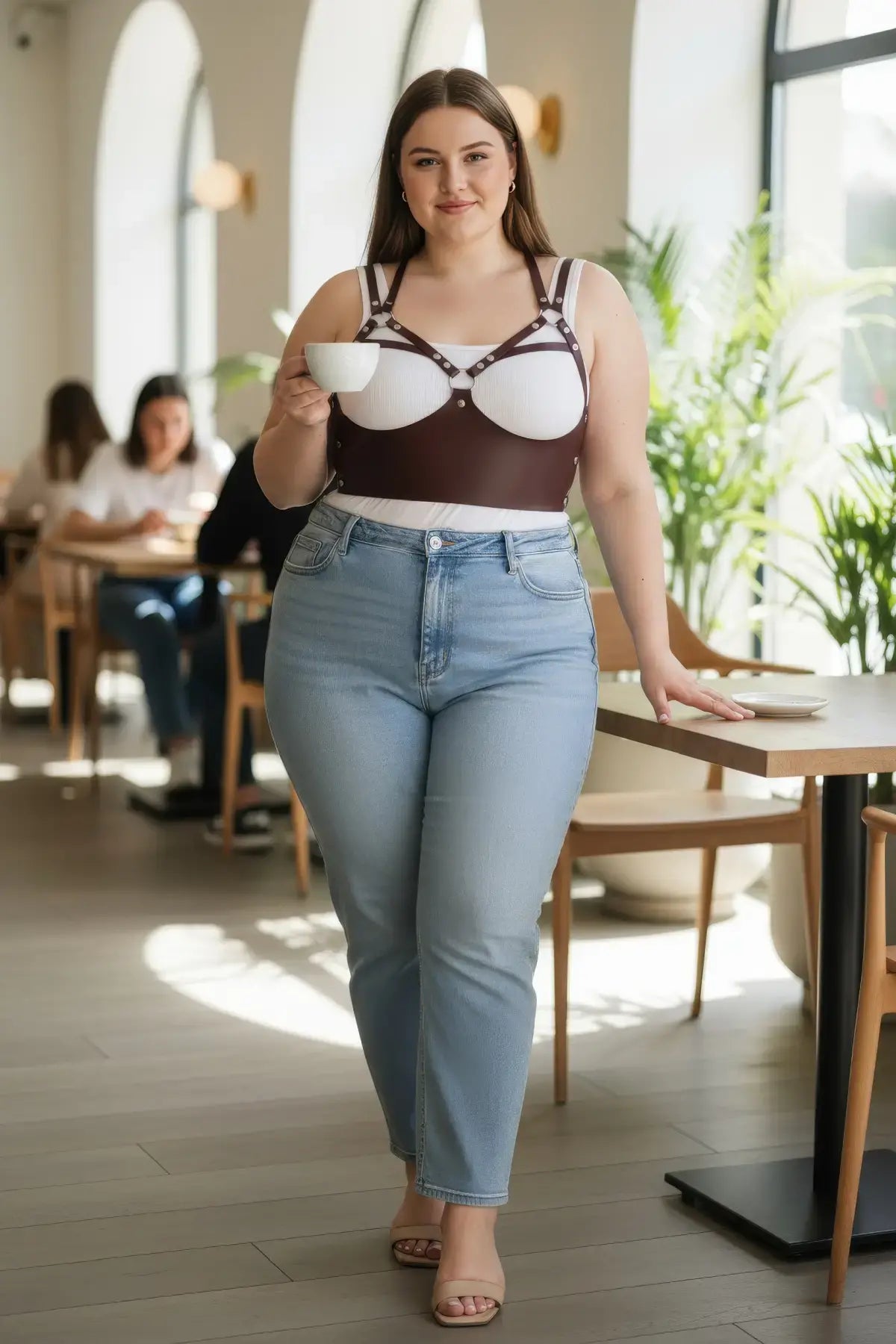 Plus-size burgundy strappy corset-style studded leather belt worn as a harness over a white top