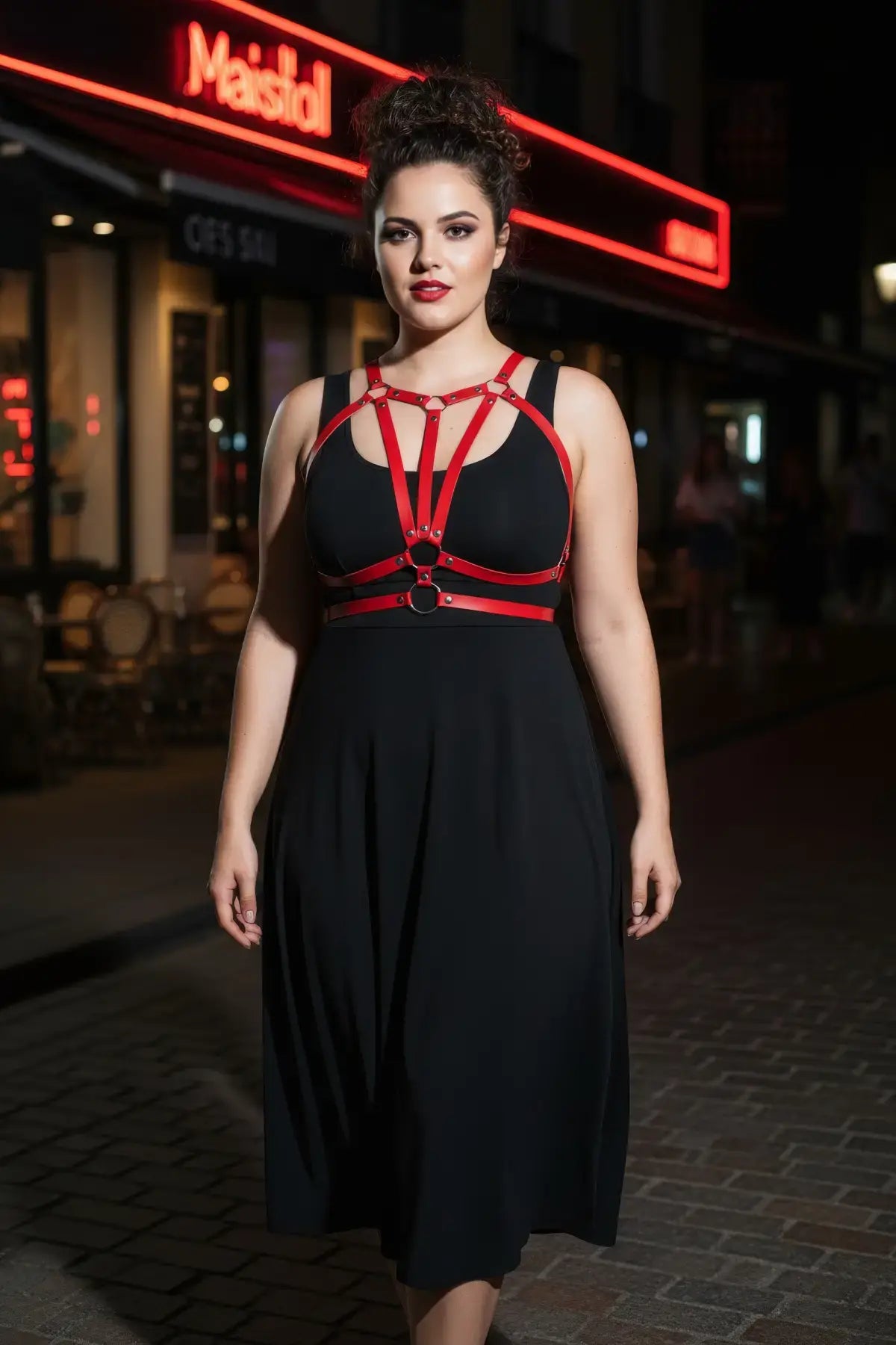 Plus Size Burgundy vegan leather V-Strap chest harness worn over a black dress