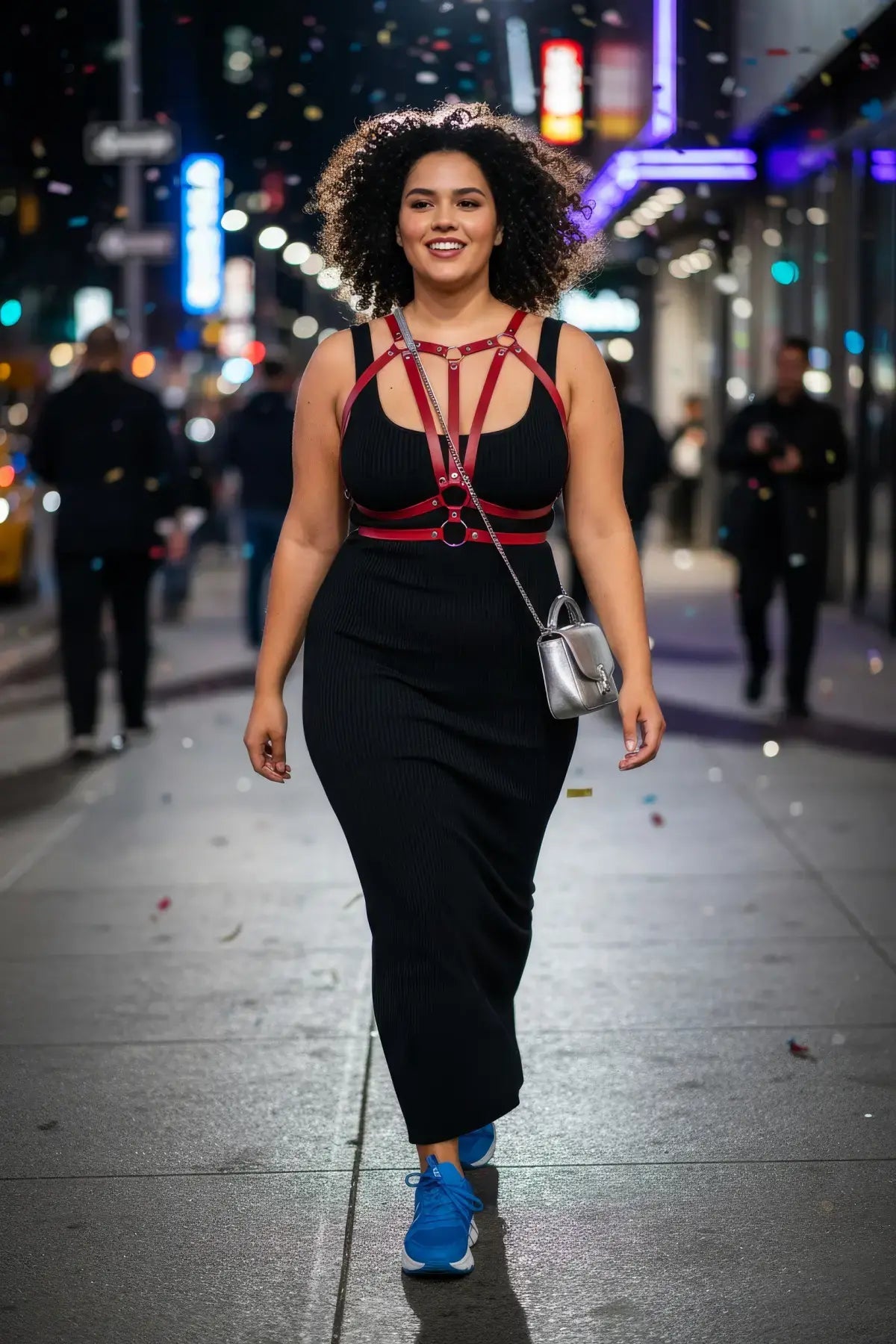 Plus size burgundy V-strap chest harness worn over a black dress; vegan leather body accessory.