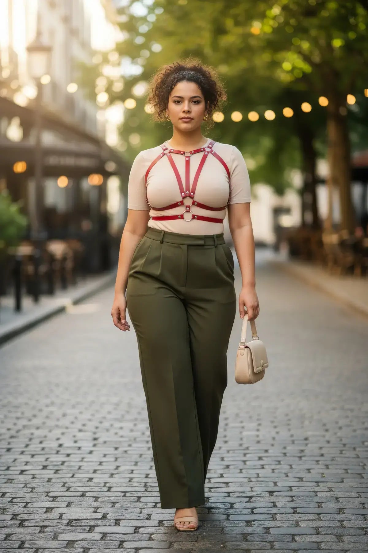 Plus Size Burgundy V-Strap Chest Harness, vegan leather body accessory worn over a beige top by a model on a city street