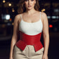 HarnessClub plus-size burgundy wide corset belt, vegan leather peplum waist cincher worn over a white top