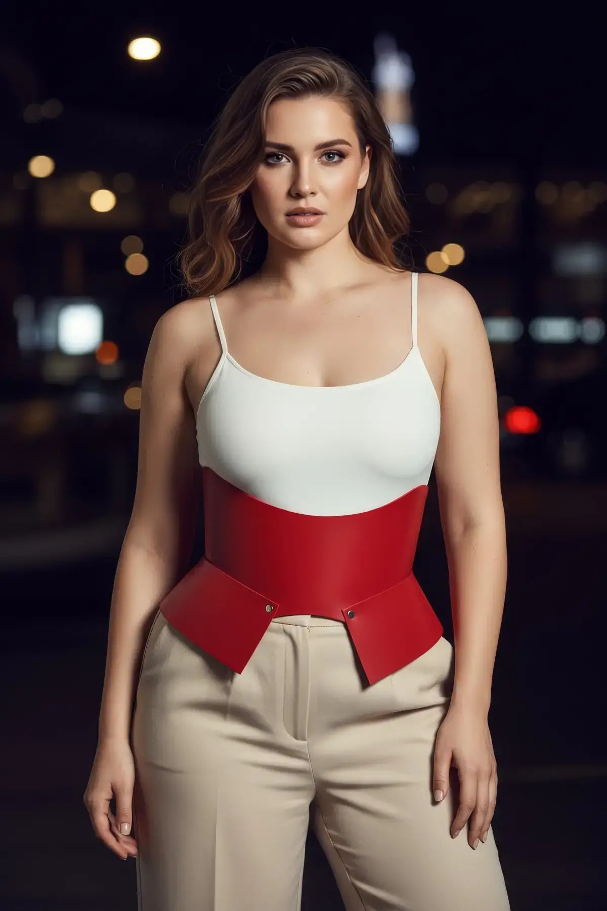 HarnessClub plus-size burgundy wide corset belt, vegan leather peplum waist cincher worn over a white top