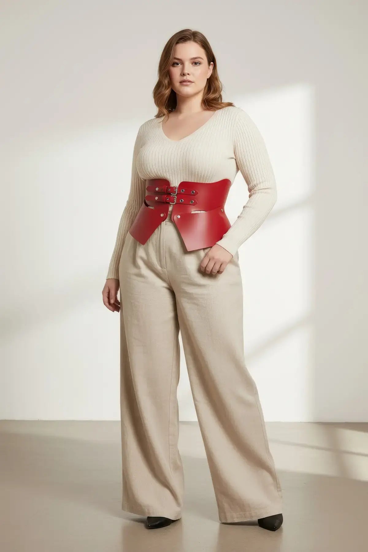 Plus Size burgundy vegan leather wide corset belt peplum waist cincher
