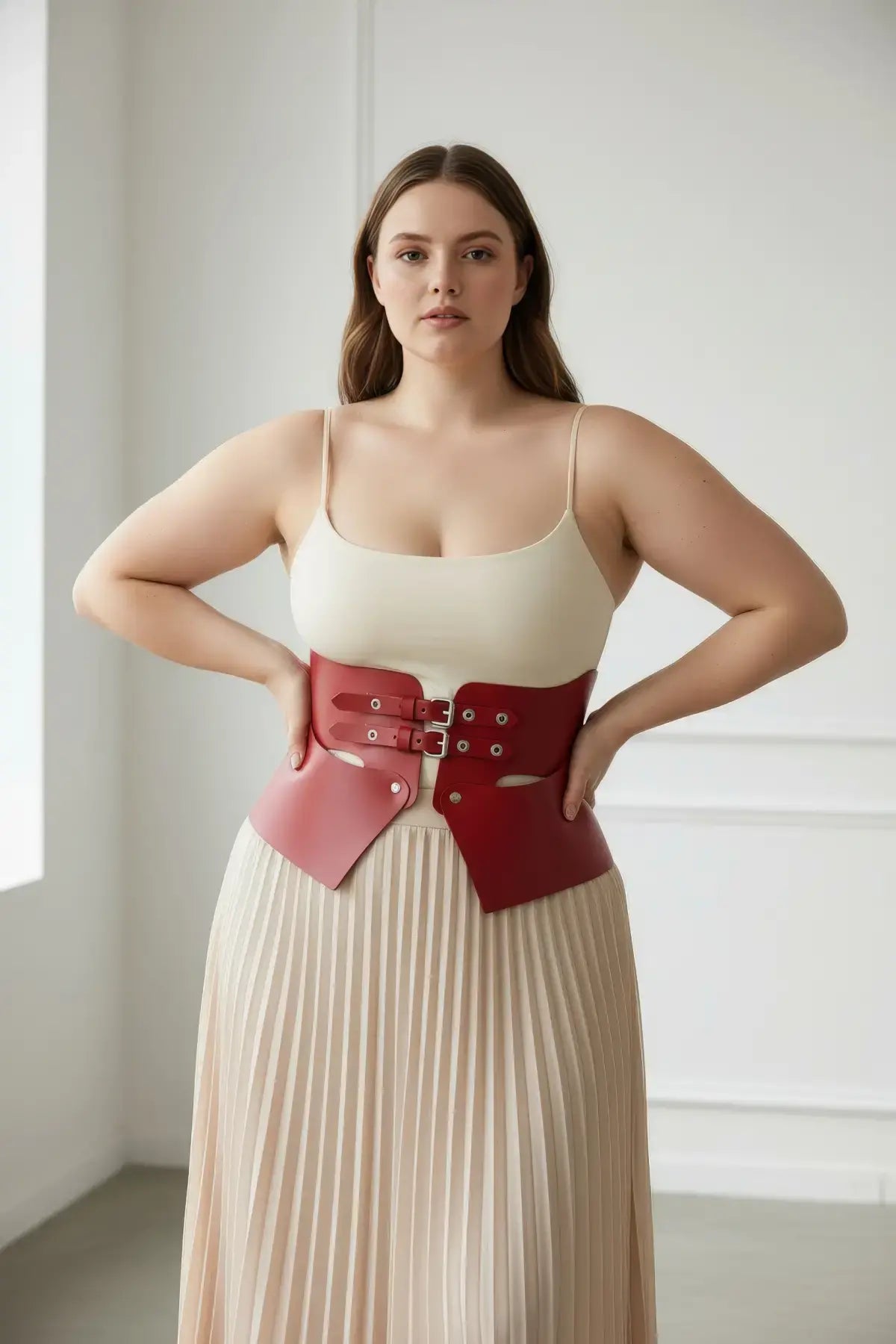 HarnessClub Plus Size Burgundy Wide Corset Belt, vegan leather waist cincher with double-buckle design
