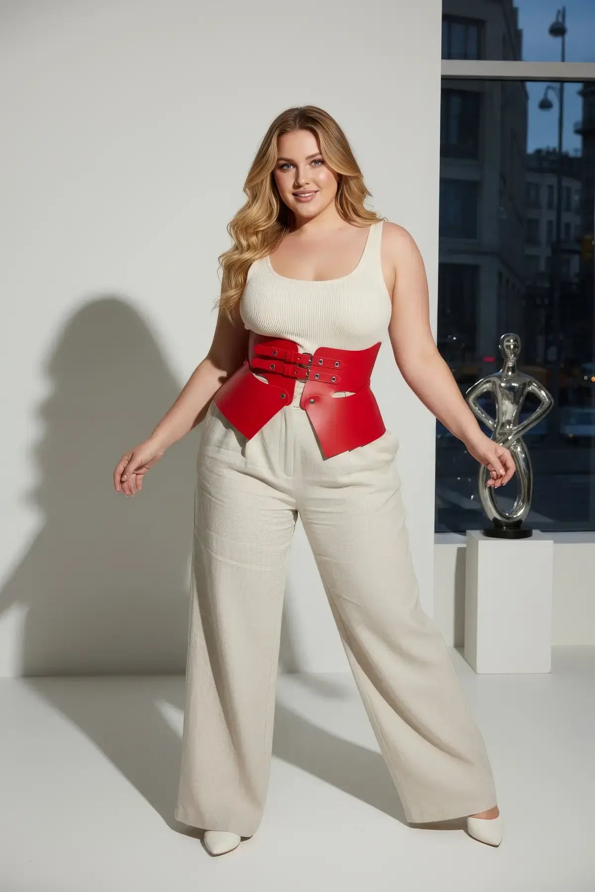 Plus Size Burgundy Wide Corset Belt by HarnessClub, vegan leather waist cincher with triple-buckle design