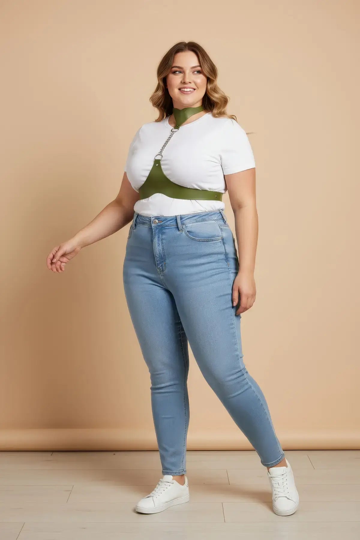 Plus Size Chain-Detail Leather Body Harness in green by HarnessClub