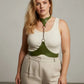 Plus-size chain-detail leather body harness by HarnessClub in green with neck collar and central chest piece