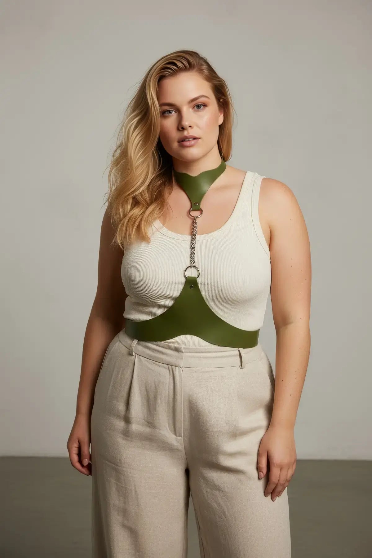 Plus-size chain-detail leather body harness by HarnessClub in green with neck collar and central chest piece