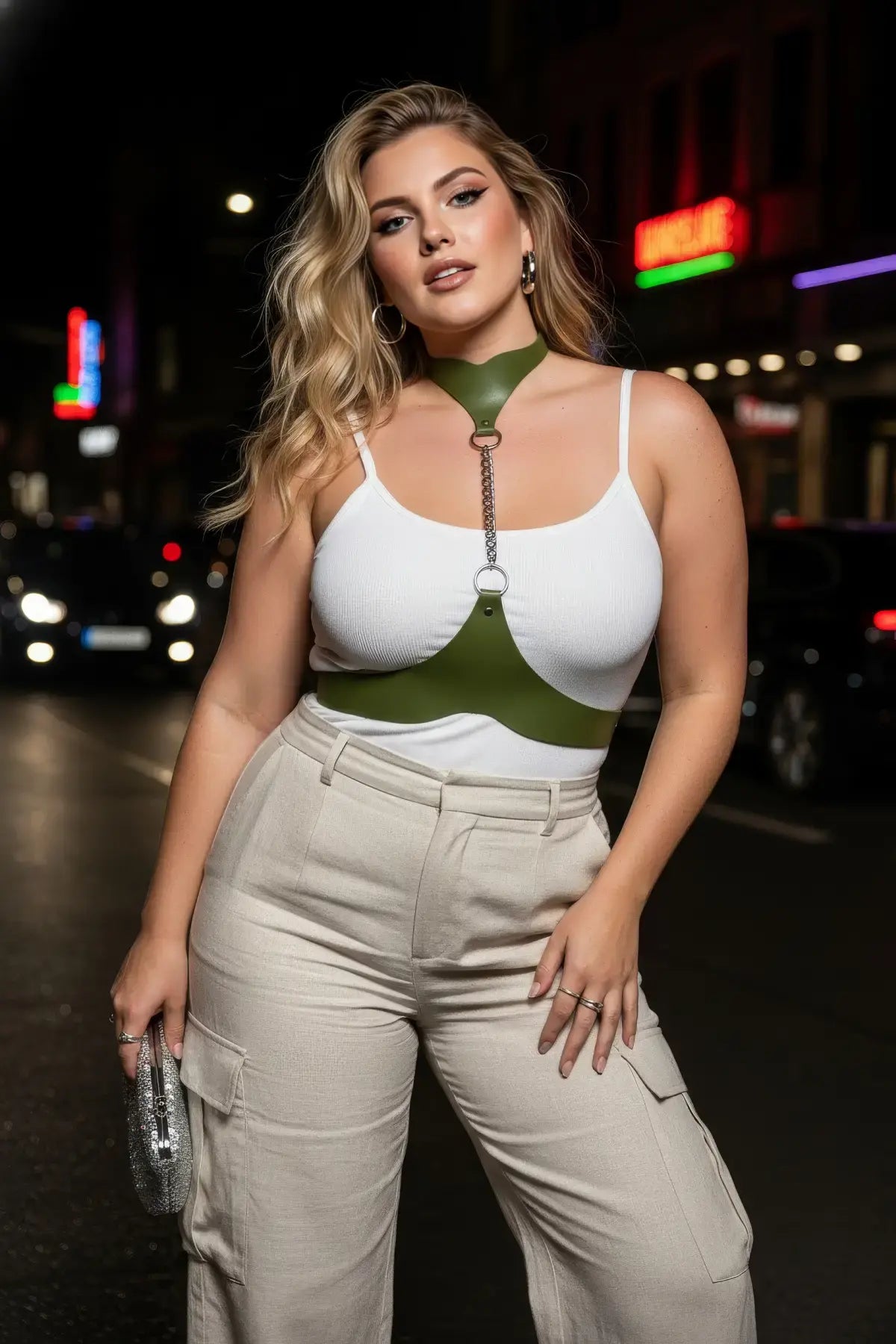 Plus Size Chain-Detail Leather Body Harness in green leather with metal chain by HarnessClub