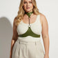 Plus-size chain-detail leather body harness in olive green with collar and hanging chain