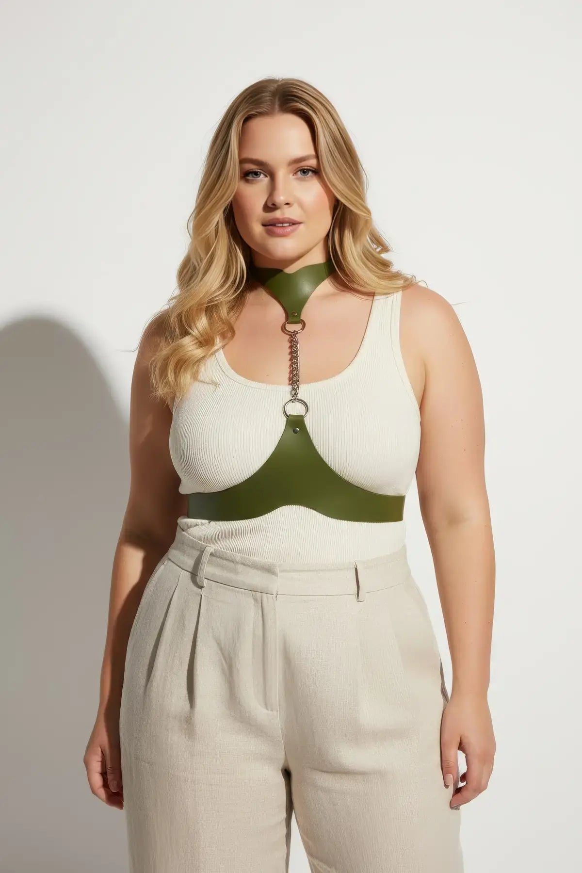 Plus-size chain-detail leather body harness in olive green with collar and hanging chain