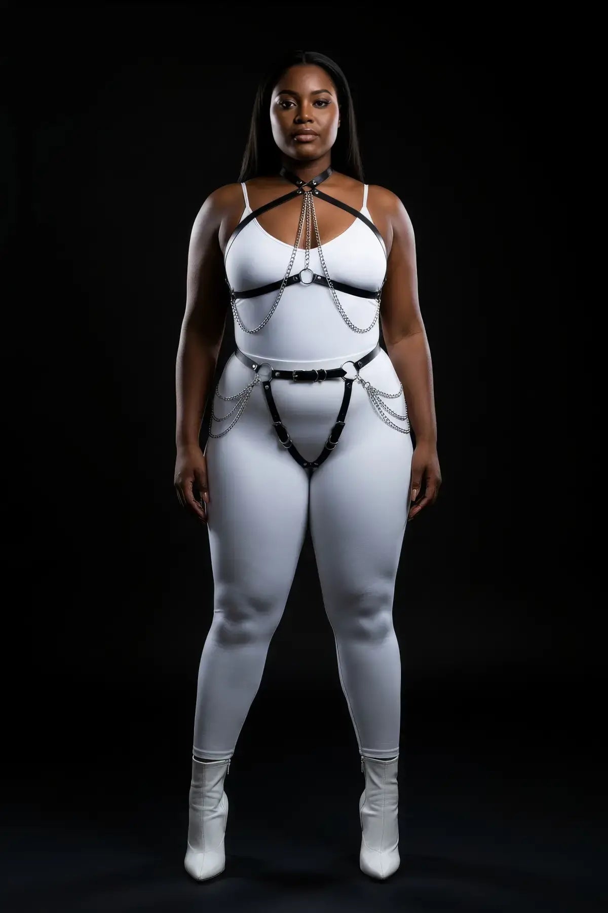 Plus-Size vegan leather harness set with garter belt and silver chain drapes over a white bodysuit