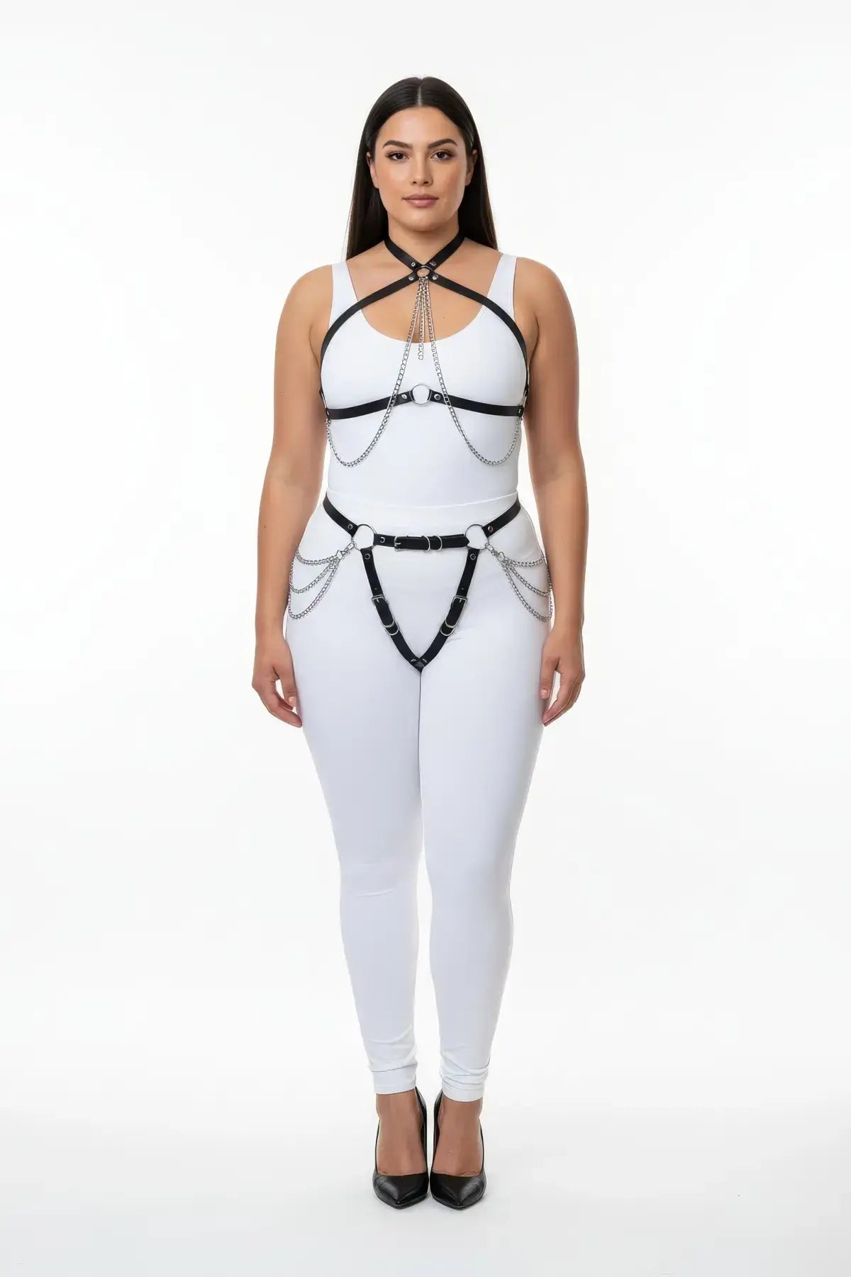 Plus-Size Chain-Draped Leather Harness Set with Garter Belt on white bodysuit, vegan leather by HarnessClub
