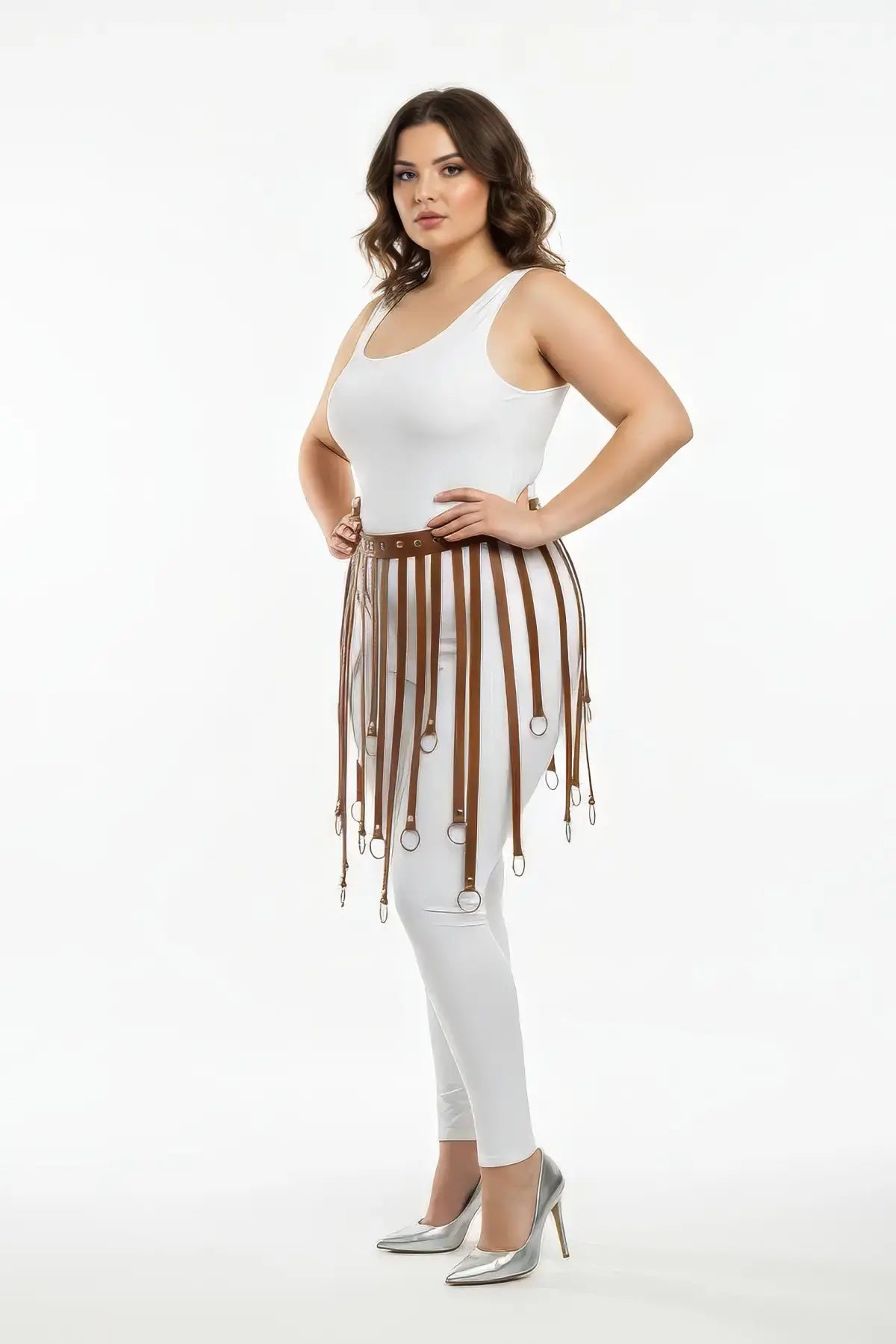 Plus size cognac vegan leather eyelet belt strap-fringe harness skirt by HarnessClub