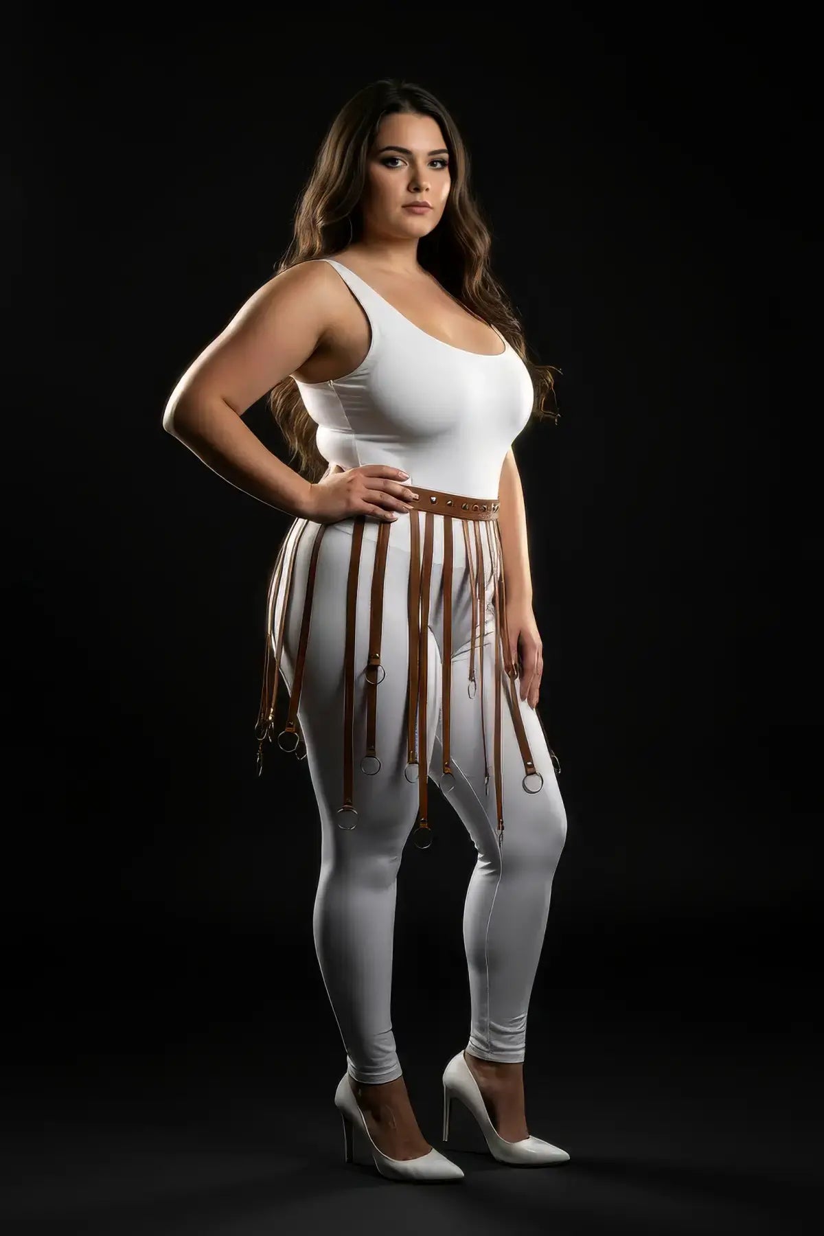 Plus-size cognac vegan-leather eyelet belt fringe harness skirt by HarnessClub