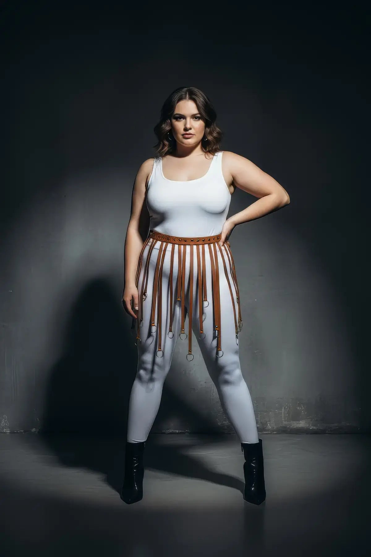 Plus-size cognac vegan leather eyelet belt with strap-fringe harness skirt worn by model