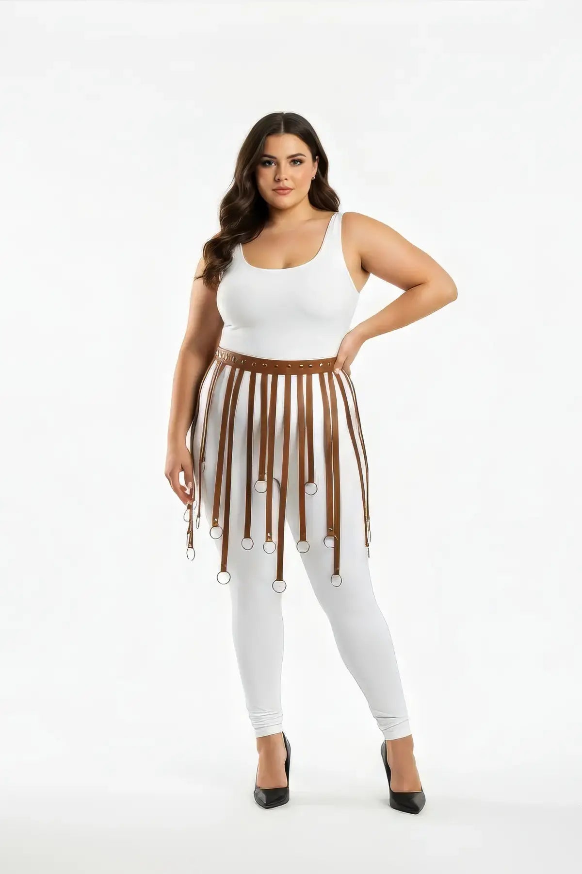 HarnessClub plus-size cognac vegan-leather eyelet belt strap-fringe harness skirt