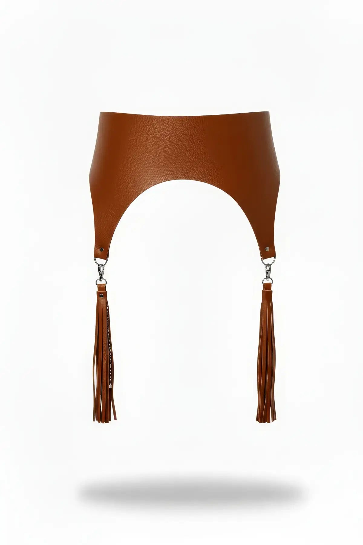 Plus Size Cognac High-Waist Tassel Hip Belt in vegan leather with fringe tassels