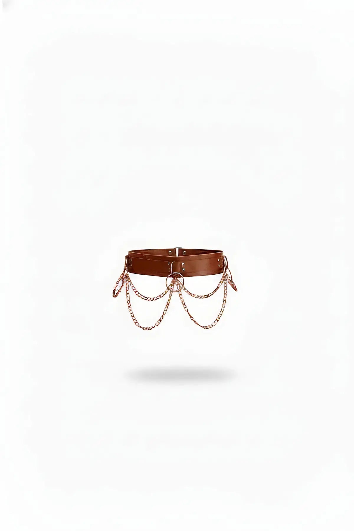 Plus-size cognac wide waist belt with gold-tone chain swag in vegan leather by HarnessClub.