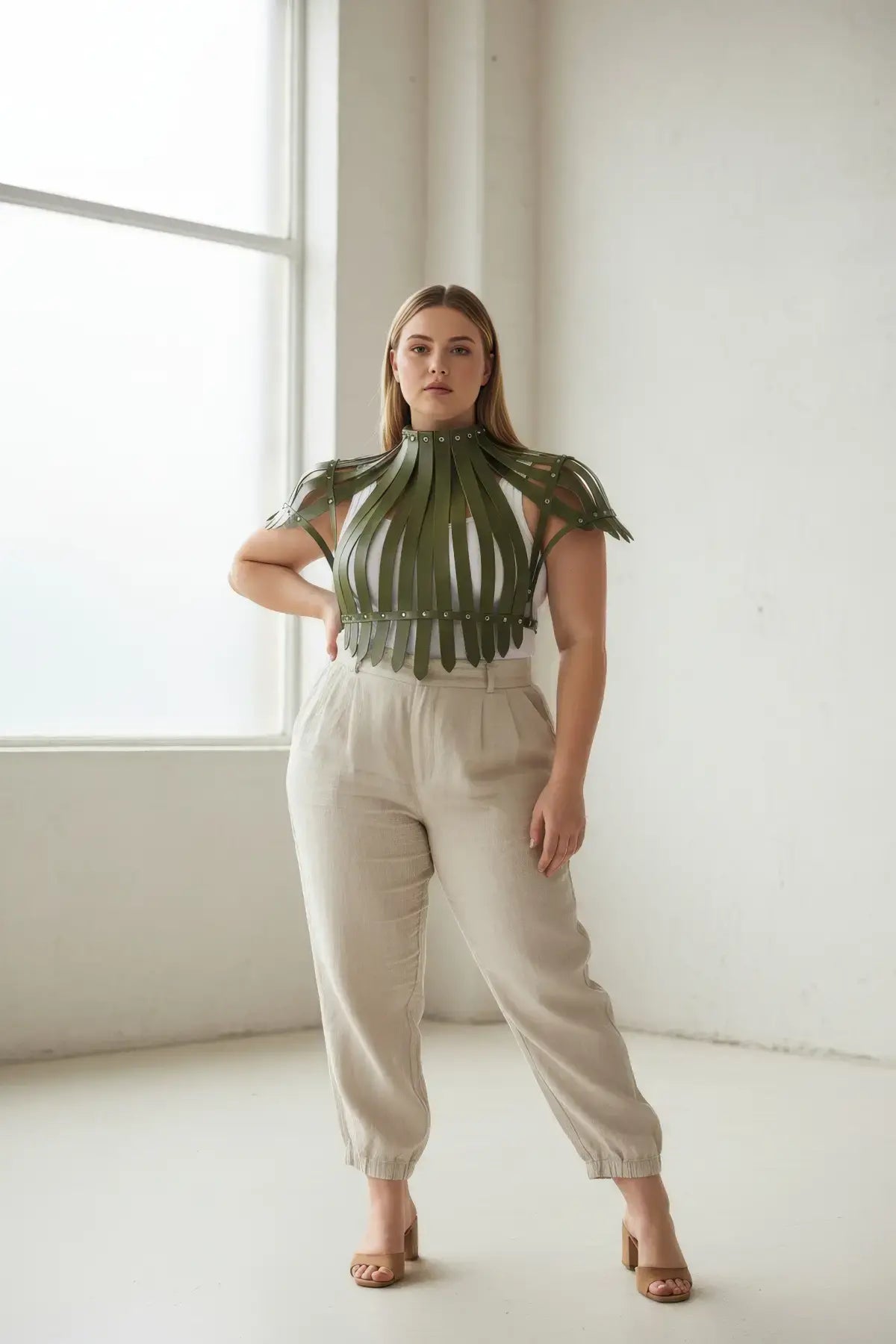 Plus Size Corset-Look Leather Body Harness by HarnessClub in olive green with riveted straps