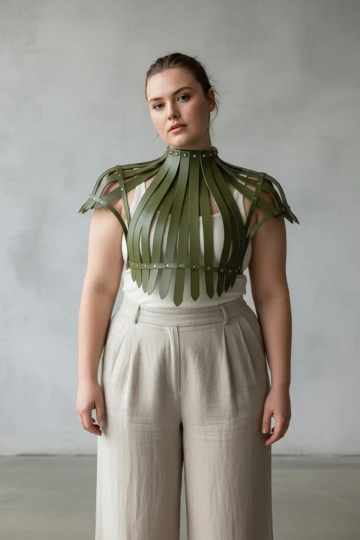 Plus Size Corset-Look Leather Body Harness in olive green by HarnessClub, worn over white top.