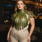 Plus Size Corset-Look Leather Body Harness in olive green worn over a beige top