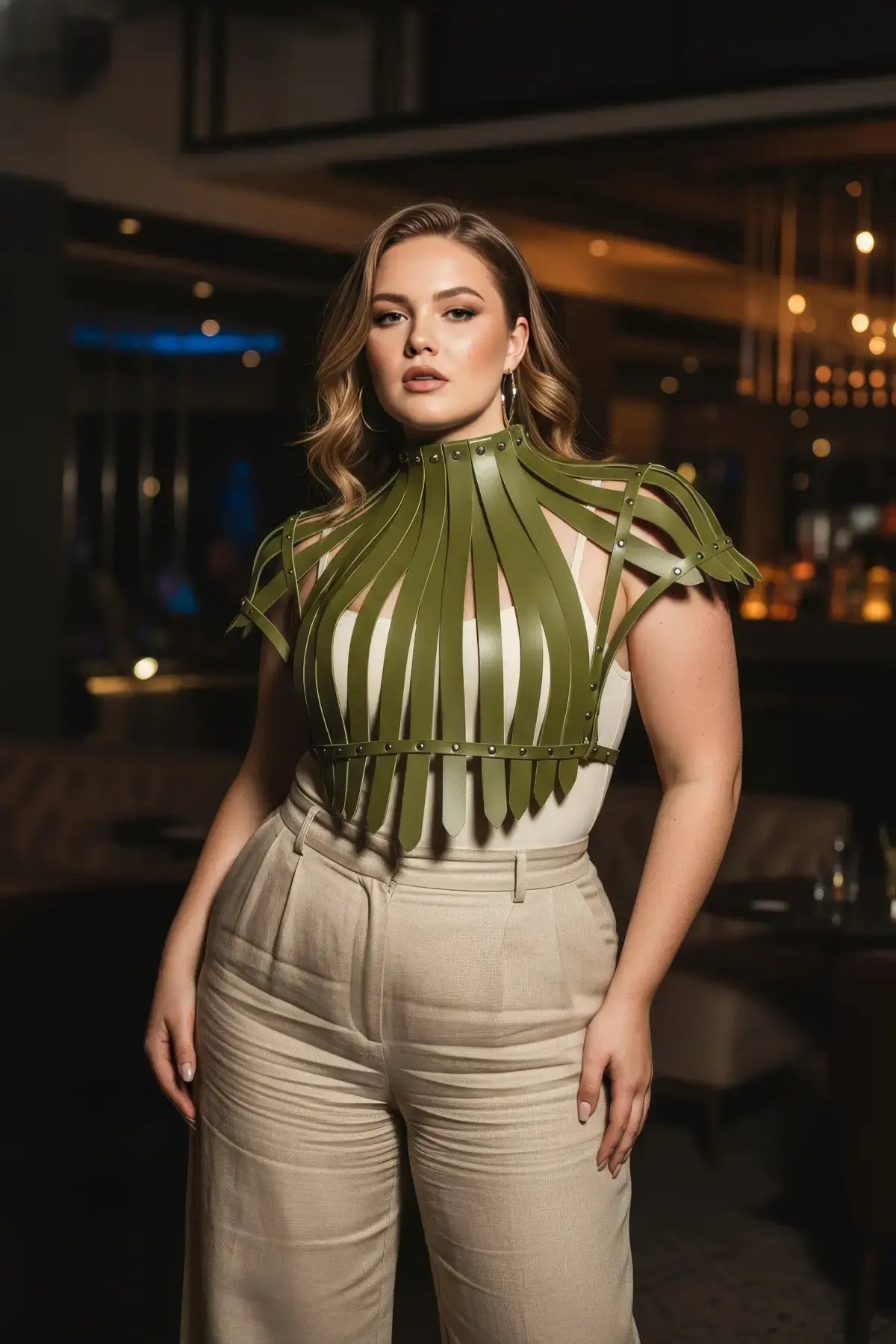 Plus Size Corset-Look Leather Body Harness in olive green worn over a beige top