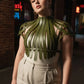 Plus Size Corset-Look Leather Body Harness in green with multiple straps and metal rivets.