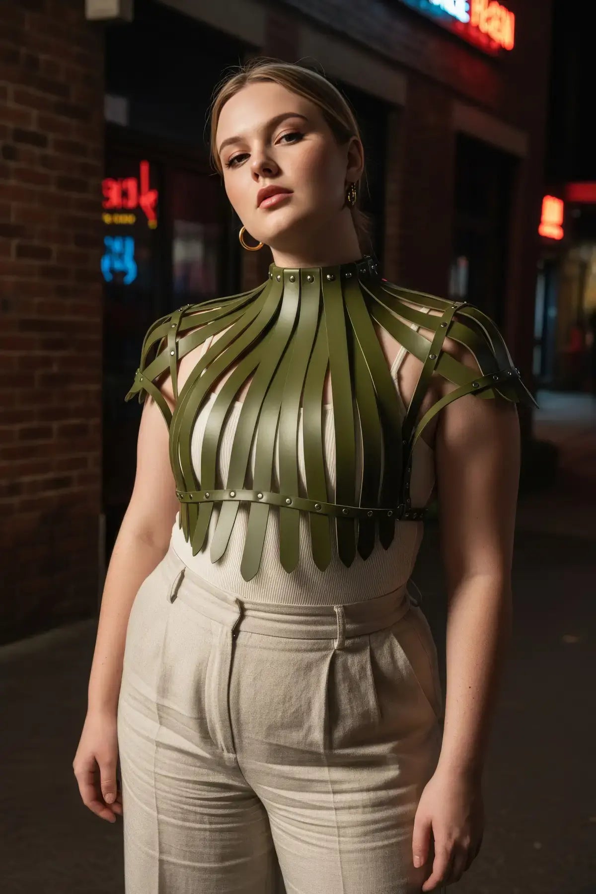 Plus Size Corset-Look Leather Body Harness in green with multiple straps and metal rivets.