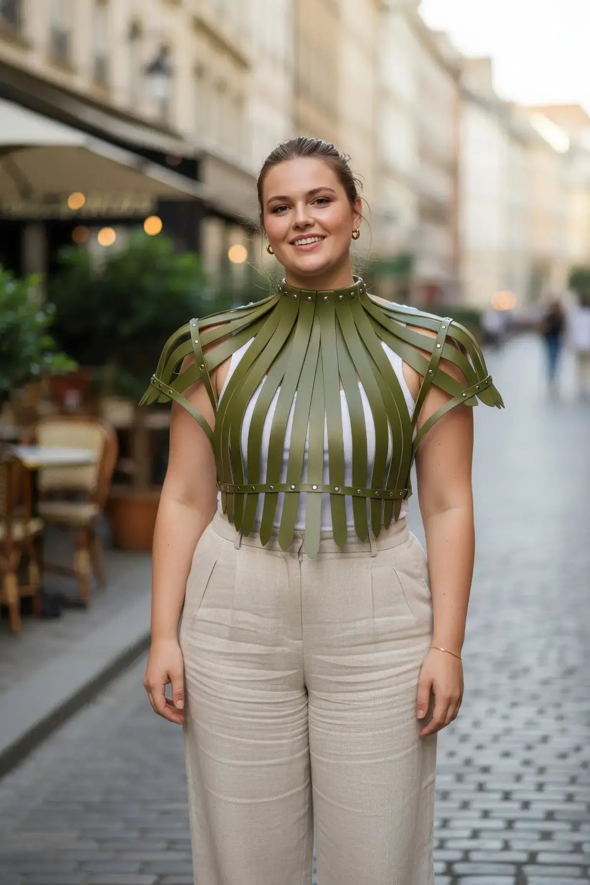 Plus Size Corset-Look Leather Body Harness in olive green displayed on model