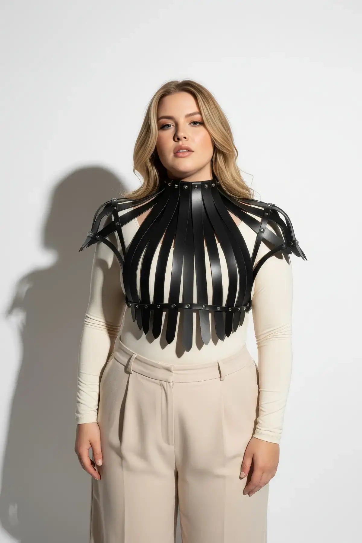 Plus Size Corset-Style Studded Leather Body Harness by HarnessClub, black leather.