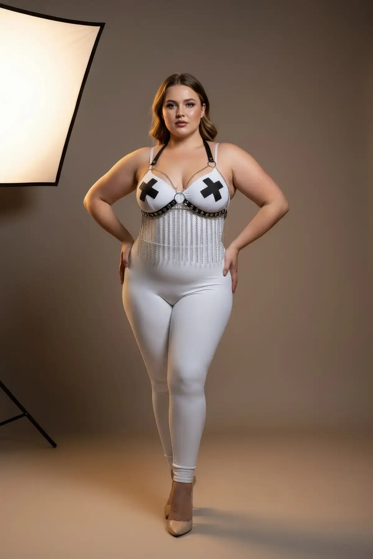 Plus size cream faux-leather harness with chain details and fringe chain belt, worn by model