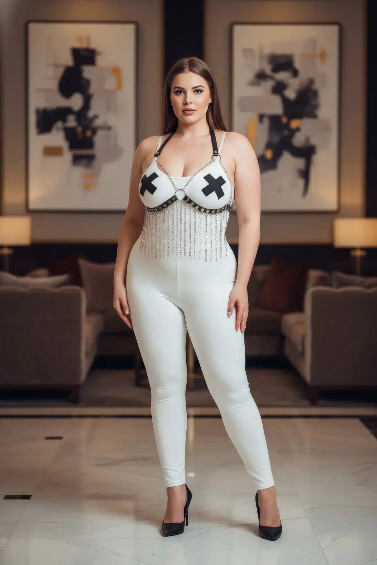 Plus-size cream chain-detail faux-leather fantasy harness with black X-cross cups
