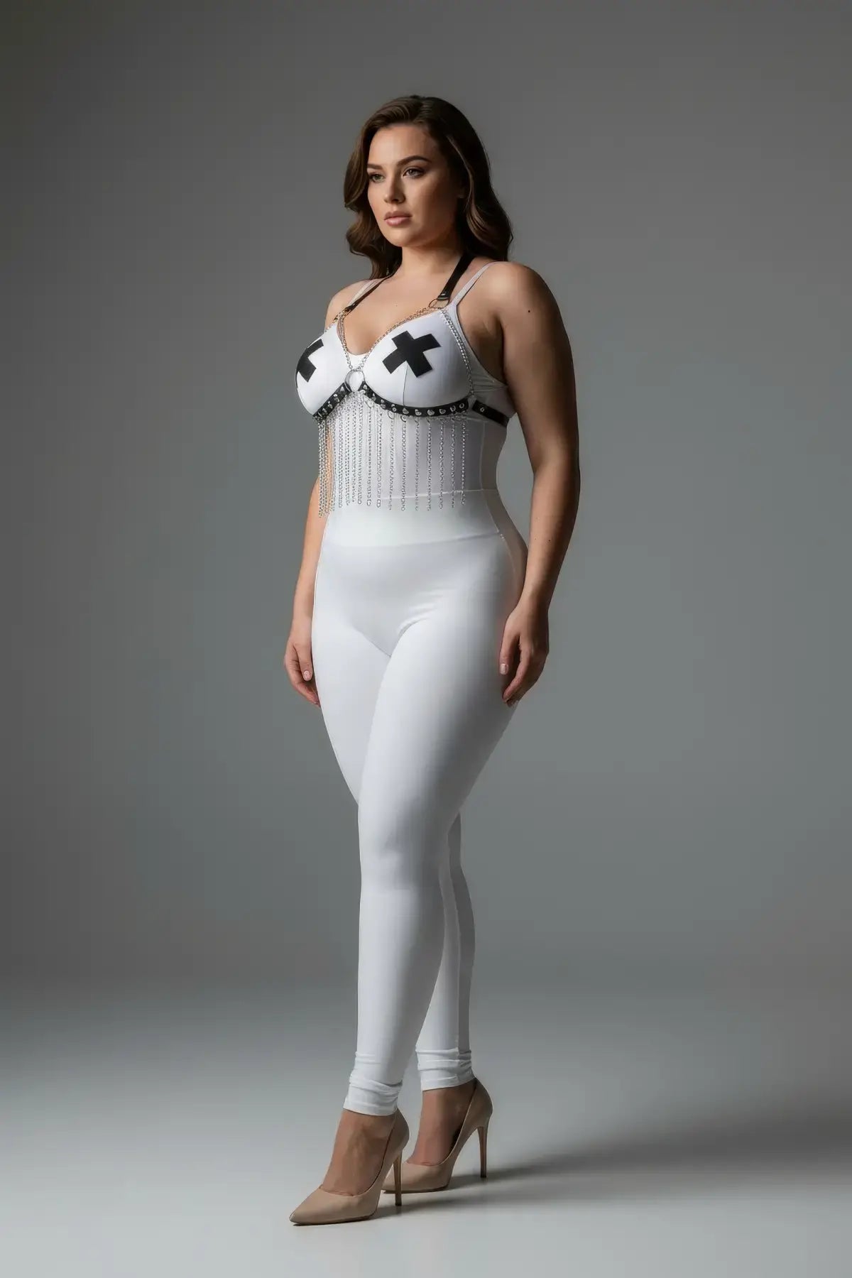 Plus size cream chain-detail faux leather harness, white body accessory with fringe chains
