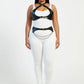 Plus-size crossover underbust crop two-piece harness in black vegan leather with a silver chain-drape waist belt by HarnessClub