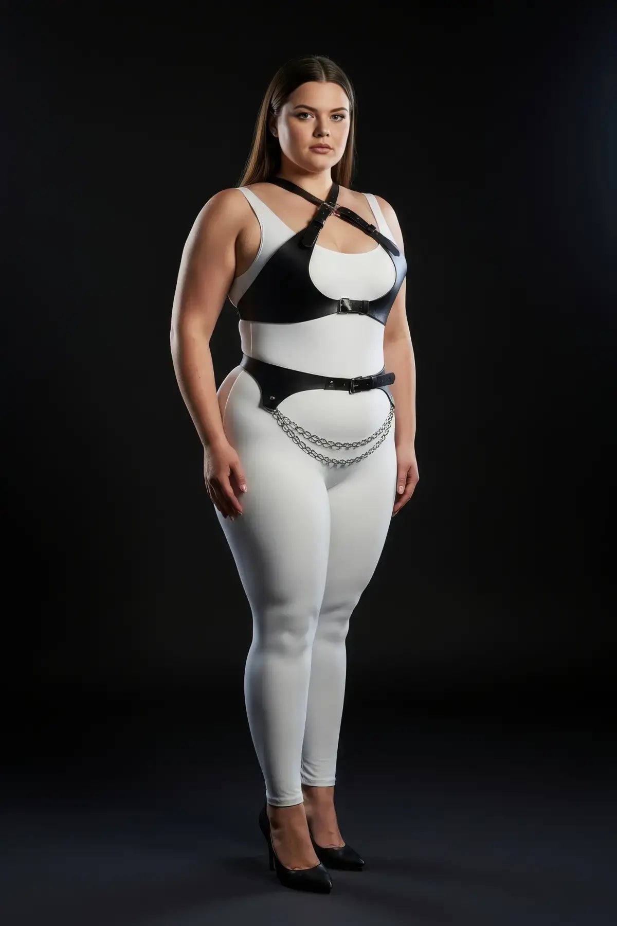 Plus-size crossover underbust crop harness with chain-drape waist belt in vegan leather over a white bodysuit