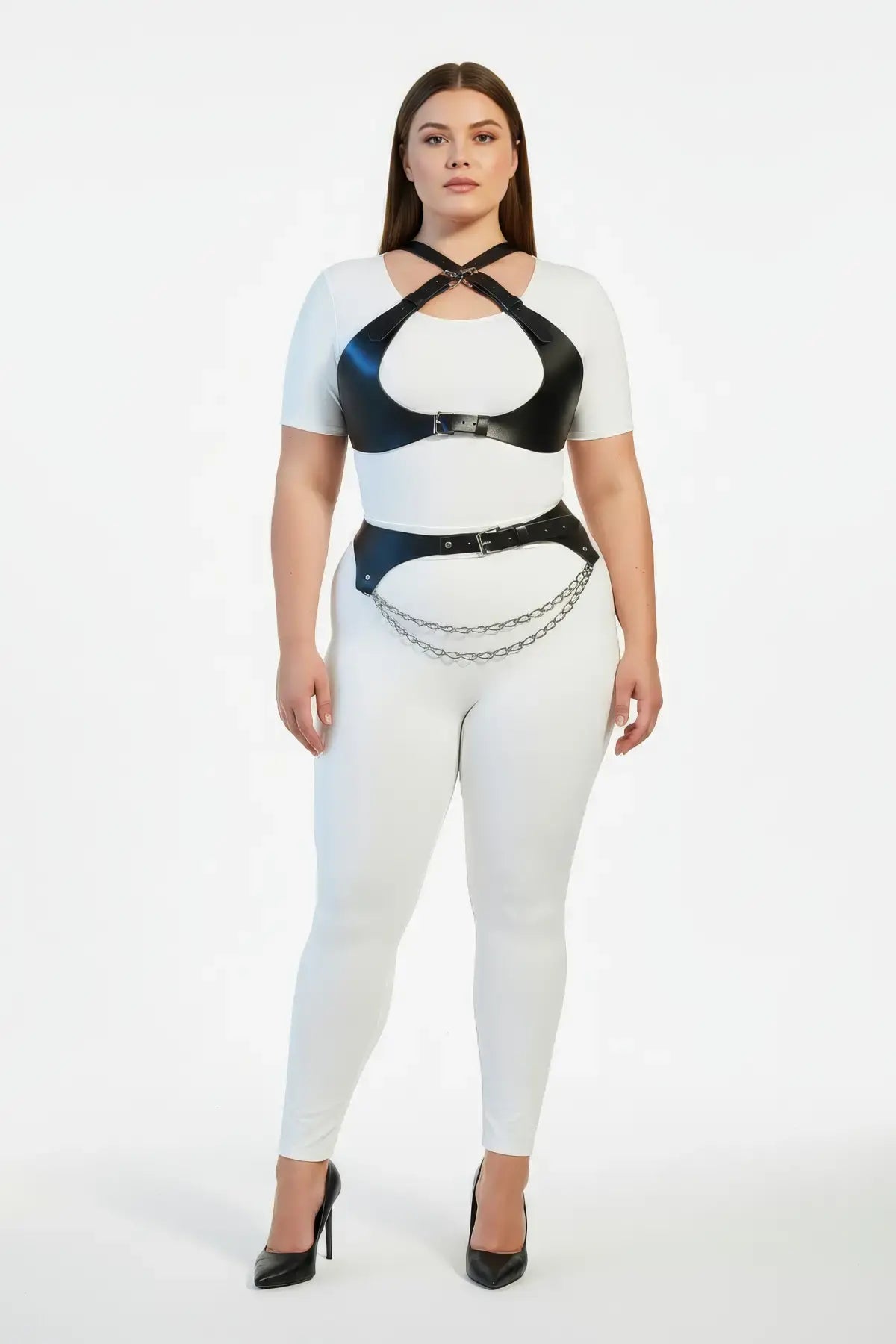 Plus-size crossover underbust vegan leather harness with chain-drape waist belt by HarnessClub