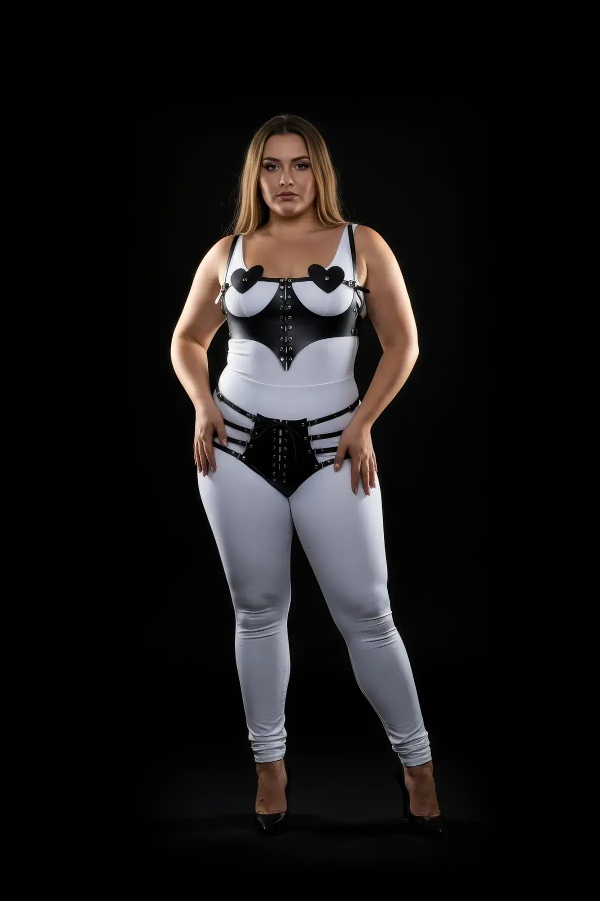 Plus-Size Heart-Detail Lace-Up Harness Set with High-Rise Shorts by HarnessClub in white vegan leather with black straps