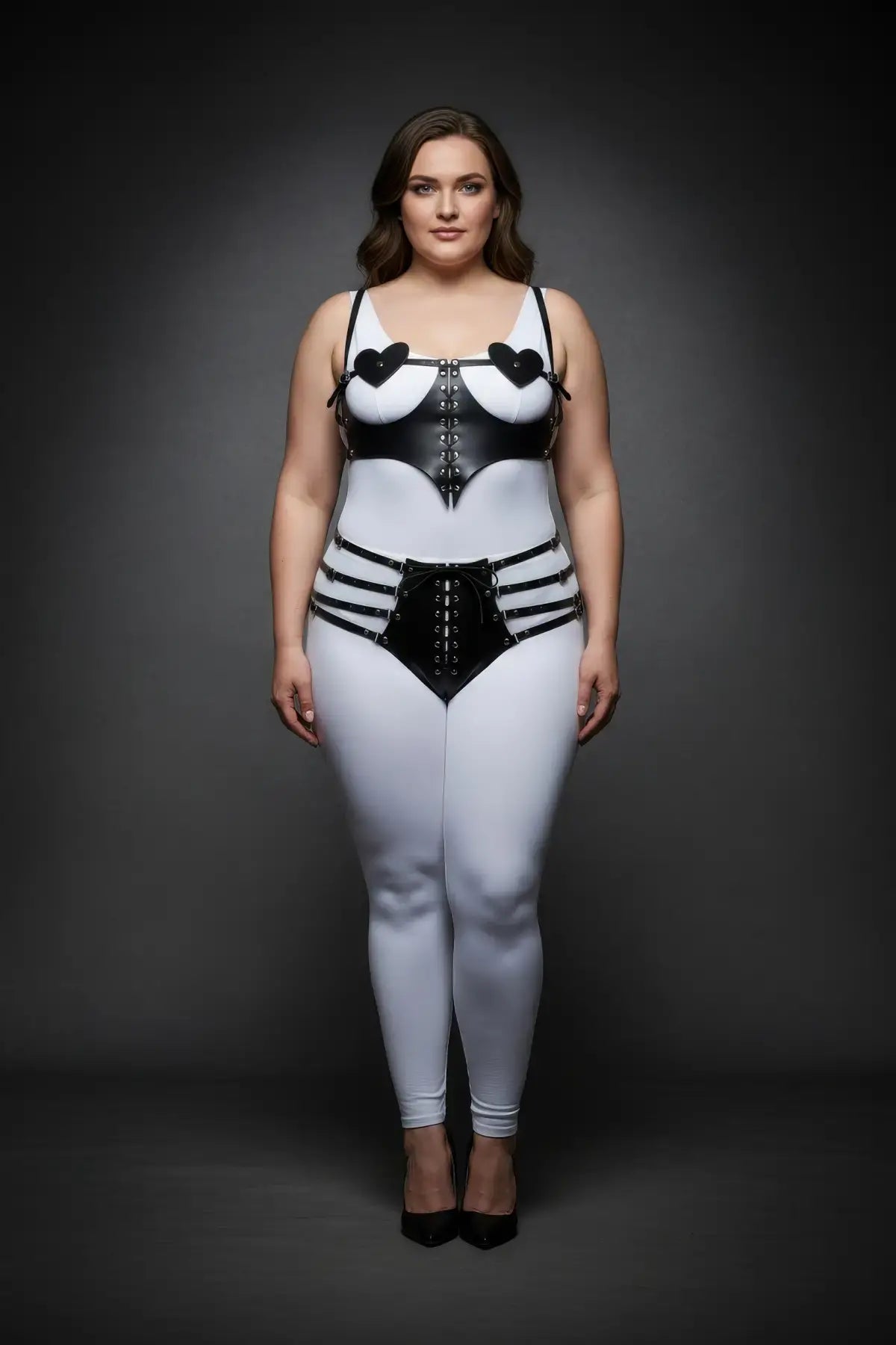 Plus-size heart-detail lace-up harness set, two-piece vegan leather high-rise shorts by HarnessClub